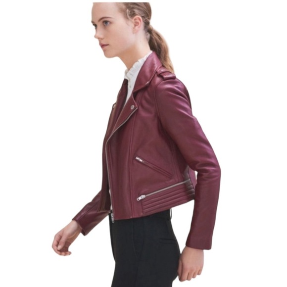 Maje Lamb Leather Bordeaux Basilta Moto Jacket NWOT in Burgundy - Picture 5 of 15